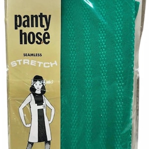 May include: A package of green pantyhose with a white label that says "panty hose seamless stretch" and a drawing of a woman wearing the pantyhose. The price tag says "Tall $2.99".