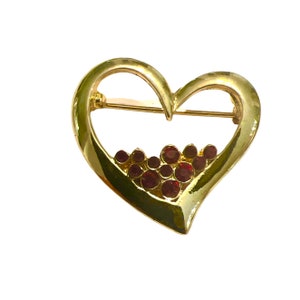 1980’s Vintage Gold Heart Brooch with Red Stones, 1.25” Wide, Vintage Valentines Hearr Brooch or Pin