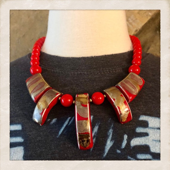 Cool 1980’s Vintage Red & Gold Necklace, Marked J… - image 2