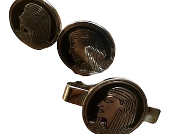 Vintage Swank Egyptian Paraoh Cufflinks and Tie Clip Set, Vintage Accessory Gift for Men