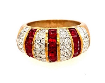 Vintage Gold und Rot 18KGE Statement Ring mit Strasssteinen, 1980er Jahre Cocktail Strassring, Größe 5 und nicht einstellbar