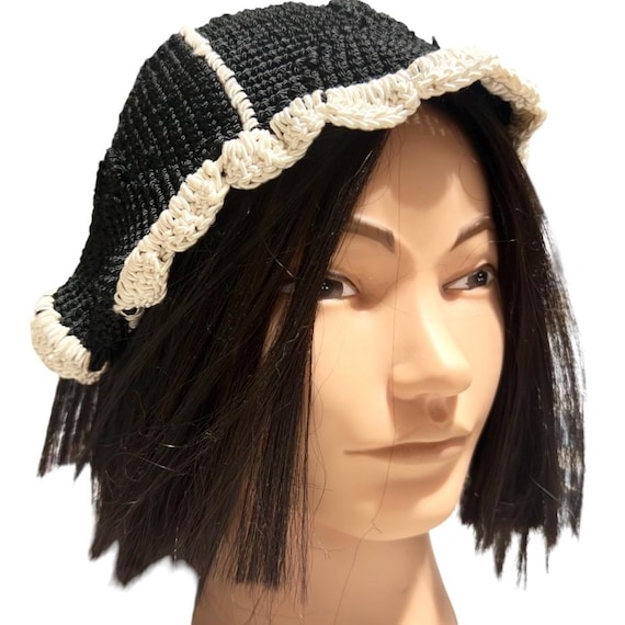 1920’s Antique Crochet Cloche Hat in Black with White Ruffle Trim, Handmade Custom bucket hat order. 1920 main image 4