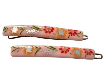 Horquillas francesas de los años 70 con estampado floral en color rosa, 2,5 cm, nuevas, sin usar.