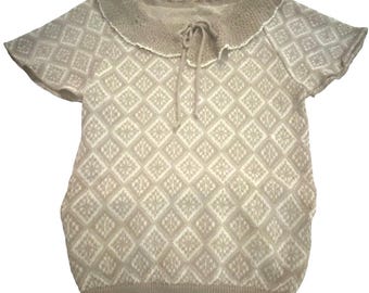 1970’s Italian Vintage Blousy Knit Short Flutter Sleeved Top, Brown/Cream, Lightweight, Flutter Sleeves and a Tie Ruffle Neck, Medium