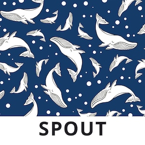 May include: A seamless pattern featuring white whales on a dark blue background. The whales are swimming in different directions and are outlined in black. There are white dots scattered throughout the pattern. The word "SPOUT" is written in black at the bottom of the image.