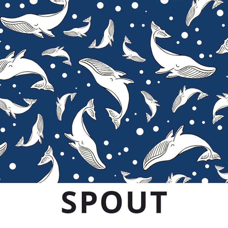 May include: A seamless pattern featuring white whales on a dark blue background. The whales are swimming in different directions and are outlined in black. There are white dots scattered throughout the pattern. The word "SPOUT" is written in black at the bottom of the image.
