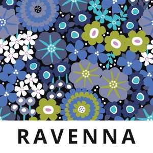 May include: A colorful floral pattern with blue, green, and white flowers on a black background. The text "RAVENNA" is at the bottom of the image.