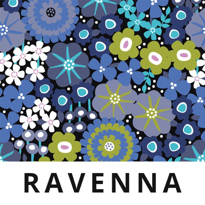 May include: A colorful floral pattern with blue, green, and white flowers on a black background. The text "RAVENNA" is at the bottom of the image.