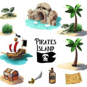 May include: A pirate themed illustration with a ship, a skull and crossbones flag, a treasure chest, a bottle of rum, a sword, a map, and palm trees. The text "PIRATES ISLAND" is written in black letters.
