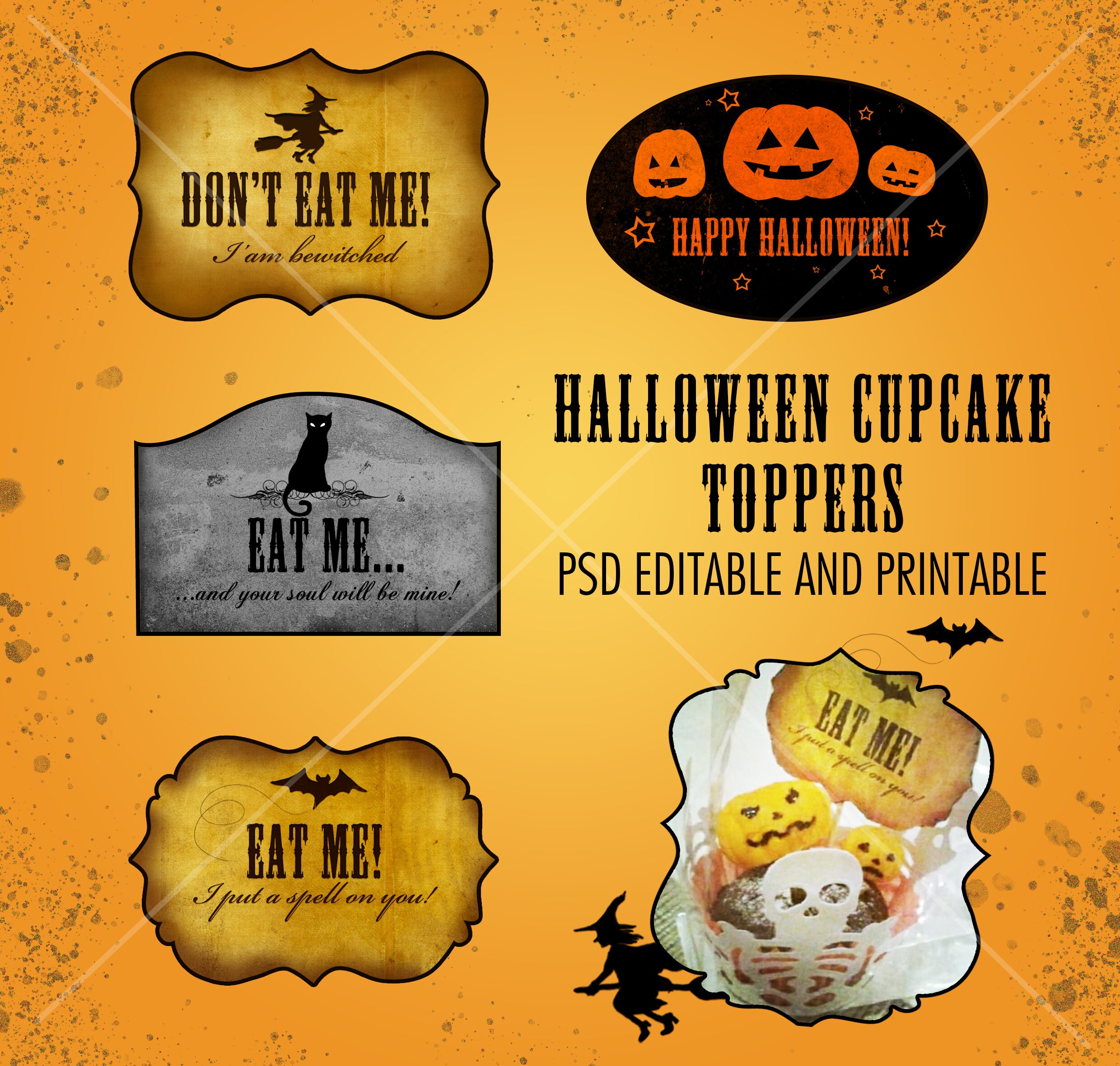 Printable Halloween Cake Digital Topper Cup PSD, PDF, PNG, Stampabile e modificabile, decorazione per feste di Halloween