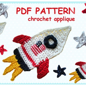May include: PDF pattern for a crochet applique rocket with red, white, and blue stripes and yellow flames. The pattern includes instructions for making a small star applique in white, red, and blue.