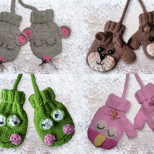 Könnte beinhalten: Vier Paar gestrickte Fäustlinge mit Tiergesichtern. Die Fäustlinge sind grau mit einem Mäusegesicht, braun mit einem Bärenkopf, grün mit einem Froschgesicht und rosa mit einem Eulenkopf.