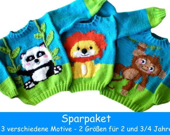 3 different Knitting Pattern, Jumper, Sweater, Wild Animals - Monkey, Lion and Panda Bear in 2 Sizes