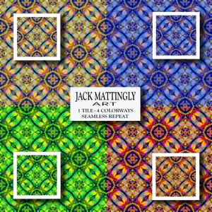 May include: A digital graphic design featuring four distinct colourways of a seamless geometric pattern in orange, blue, green, and multicoloured palettes. The text JACK MATTINGLY ART 1 TILE - 4 COLORWAYS SEAMLESS REPEAT is centred in a white box.