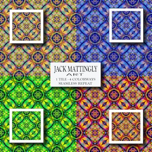 May include: A digital graphic design featuring four distinct colourways of a seamless geometric pattern in orange, blue, green, and multicoloured palettes. The text JACK MATTINGLY ART 1 TILE - 4 COLORWAYS SEAMLESS REPEAT is centred in a white box.