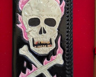 Women hand painted, tooled Roper wallet… “Pop Skull”
