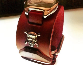 Skull Watch. Red leather band with nickel skull embelisment.