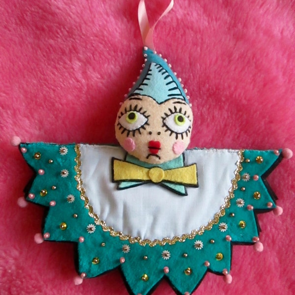 kitschy velveteen doll needle book hanging sewing supplies  cushion beaded sequined felt rain drop queen big eyes unique tool for crafting