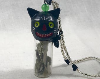 Cat Head Bottle Necklace Antique Beaded Vintage Halloween Inspired Portable Energy Cleanse Goth Kitty Black Cat Sage Container