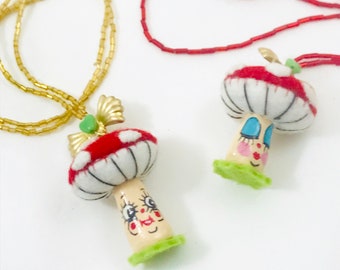 Mixed Media Clay Mushroom Necklace Shrooms Anthropomorphic Jewelry Antique beads Cute Face Pendant Dangle Art Forrest Toy Creature