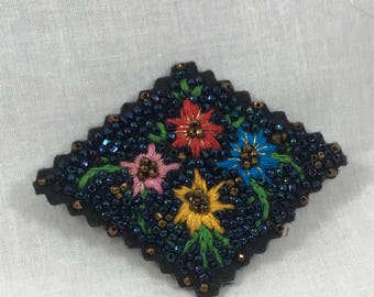 Embroidered Antique Beaded Flower Brooch Floral Diamond Shaped Pin Multi Colored Vintage Inspired Wearable Art