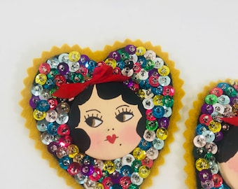 Vintage Sequin Rainbow 1920's Flapper Girl Face Doll Heart Shaped Brooch Hand Painted Poker Chip Large Beaded Pin