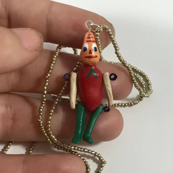 Antique Halloween Replica Doll Necklace Germany 1900s Composition Toy Moving Folk Art Pumpkin Antique Glass Beaded Anthropomorphic Miniature