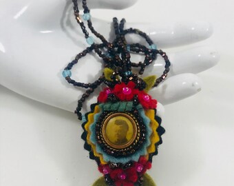 Antique Tiny Frame Photo Necklace Floral Beaded Upcycled Mixed Media Jewelry Recycled Bohemian Gypsy Folk Art Hippie Style Wearable Art