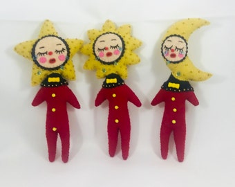 Star Sun Moon Art Dolls Anthropomorphic Crying Doll Face Beaded Mixed Media Celestial Dolls Wool Felt Sad Girl
