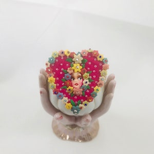 Wool Felt Vintage Beaded Brooch Floral Doll Face Heart Suede Antique Seed Beads Embroidered Flowers Rainbow Pin Bohemian