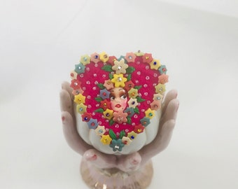 Wool Felt Vintage Beaded Brooch Floral Doll Face Heart Suede Antique Seed Beads Embroidered Flowers Rainbow Pin Bohemian