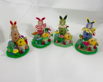 Easter Bunny Bisque Doll Stand Diorama Set Decoration Spring Holiday Vintage Toy Porcelain Rabbit Costume Scenery