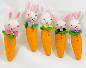 You Choice: Easter Bunny Head Doll Carrot Brooch Anthropomorphic Jewelry Wool Felt Antique Beaded Handmade Kitschy Pin Fruit Bow tie Plush