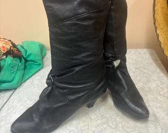 80s hair metal rocker boots punk rock rock n roll calf boots vintage sexy 7 slim fit sharp boot cut rare leather kitten heel