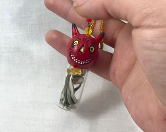 Devil Face Bottle Necklace Sage Antique Beaded Spiritual  Vintage Style Lucifer Doll Capsule Container Satan Head portable energy cleanse