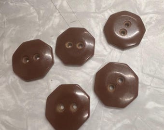 Brown vintage hexagon Bakelite buttons 5 lot simichrome tested flat back big sizes for coat or jacket lot