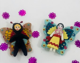 Butterfly Brooches Sequin Beaded Bug Pin Doll With Wings Anthropomorphic Composition Porcelain Vintage Style Doll Face Folk Art