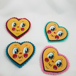 Cute Face Heart Brooches Beaded Wool Felt Big Eyes Big Pin Silly Kitschy Funny Jewelry Wearable Art Hand Painted  Shaped Wood Giant Kids