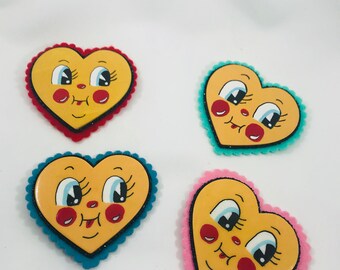 Cute Face Heart Brooches Beaded Wool Felt Big Eyes Big Pin Silly Kitschy Funny Jewelry Wearable Art Hand Painted  Shaped Wood Giant Kids