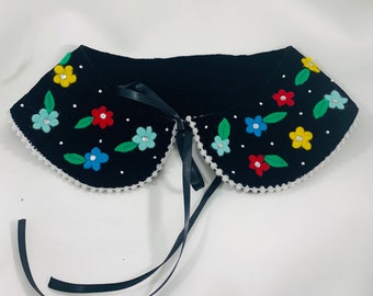 Primary Color Floral Detachable Collar On Velvet Beaded Flower Rhinestones Pom Pom Trimmed 70's Fashion Style Vintage Inspired