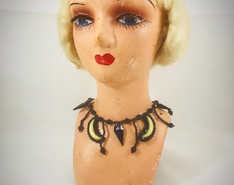 Antique Beaded Celestial Moon Mourning Necklace Black Gothic Choker Crescent Yellow Moon Dangle Victorian