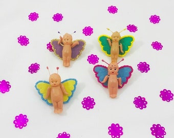 Butterfly Kewpie Brooches Celluloid Doll Miniature Beaded Wings Bug Vintage Doll Recycled Mixed Media Art Jewelry Velvet Pin