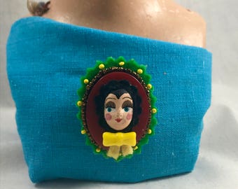 Cameo Doll Face Scalloped Brooch Plastic Vintage Button Antique Beads Bow Tie Wool Felt Circus Vintage Inspired Woman Face Lady