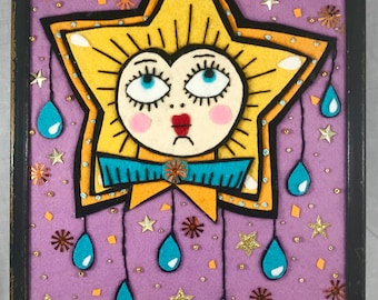 Star Beam Princess Textile Embroidery Framed Art Wool Felt Picture Piece Big Eyes Rain Drop Original Art Wall Hang Celestial Space Moon