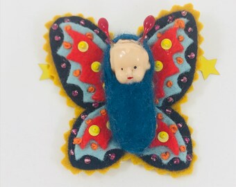 Mixed Media Butterfly Brooch Wool Felt Vintage Doll Antique Beaded Antique Sequin Pin Embroidered Bug Wings Felted Brooch Plastic Baby Art