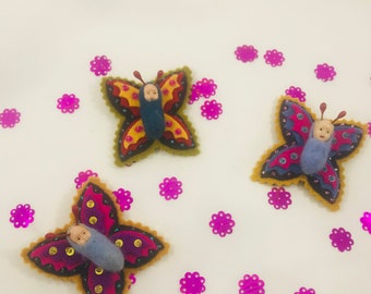 Your Choice: Butterfly Brooch Vintage Baby Doll Wool Felt Antique Beads Folk Art Style Bug Pin Nature Art Jewelry Cacoon Toy