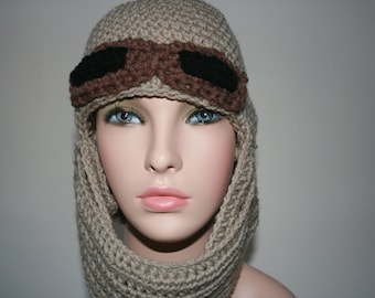Star Wars Rey &#39;Inspired&#39; Crochet Earflap Hat. All sizes and colours available.Great For Halloween and parties! Sahara hat with goggles.