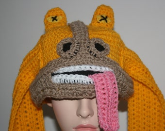 Star Wars &#39;Inspired&#39; Crochet Beanie Hat With &#39;X&#39; Eyes. Alien. Colour: Light Orange.