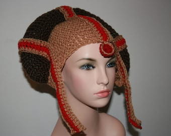 Star Wars Princess &#39;Inspired&#39; Crochet Hat. Padme. All sizes available. Unique! Party! Halloween! Costume Earflap Hat. Gold, Red And Brown.