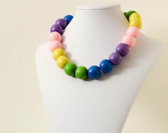 Chunky Colorblock Round Painted Pink Yellow Purple Blue Green Wood Bead Necklace